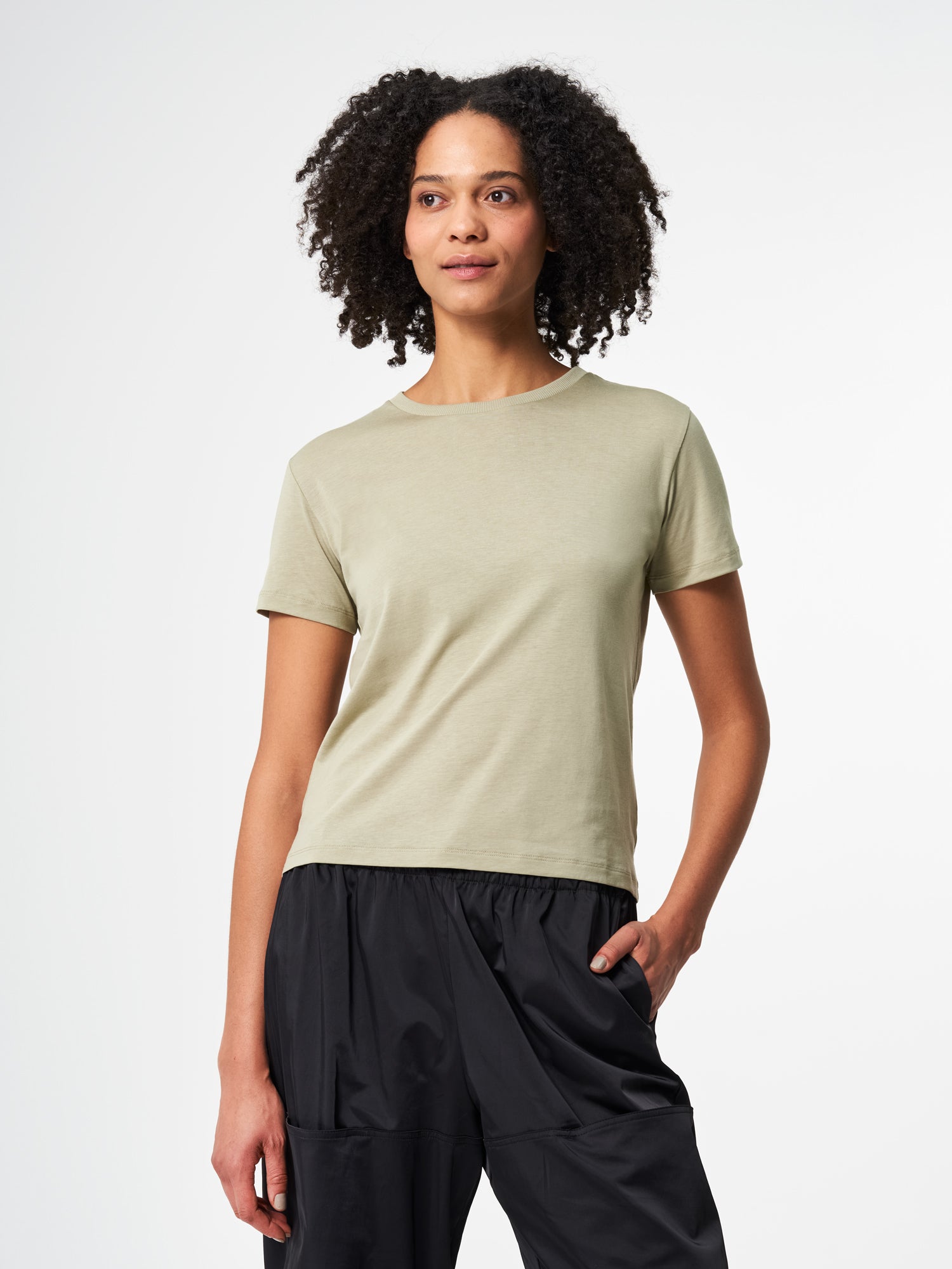 pinqponq-Tshirt-Tencel-Cotton-Women-Tone-Wooden-Olive-model-front