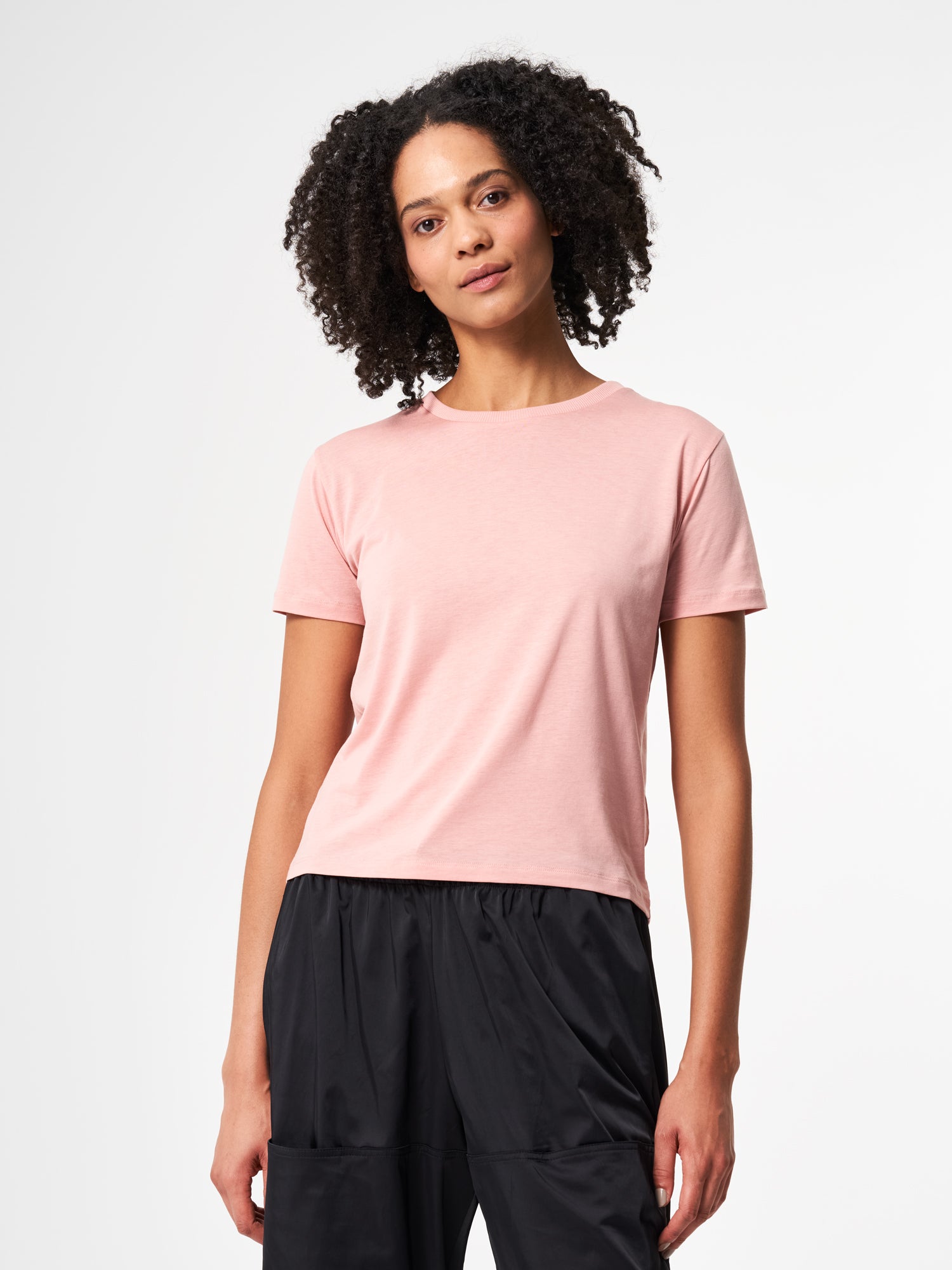 pinqponq-Tshirt-Tencel-Cotton-Women-Tone-Wooden-Pink-model-front