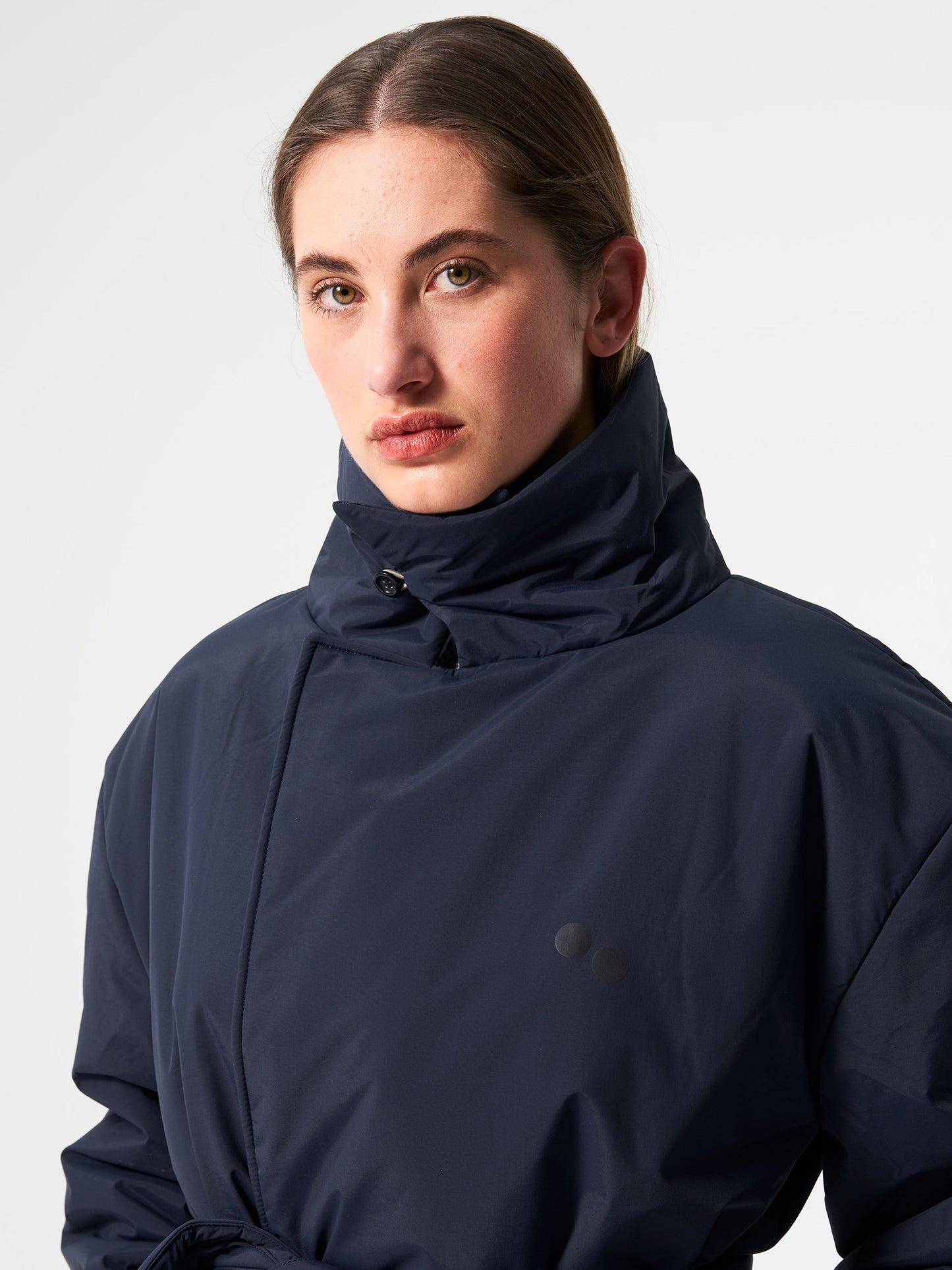 pinqponq-Padded-Trench-Coat-Fjord-Navy-model-front-detail
