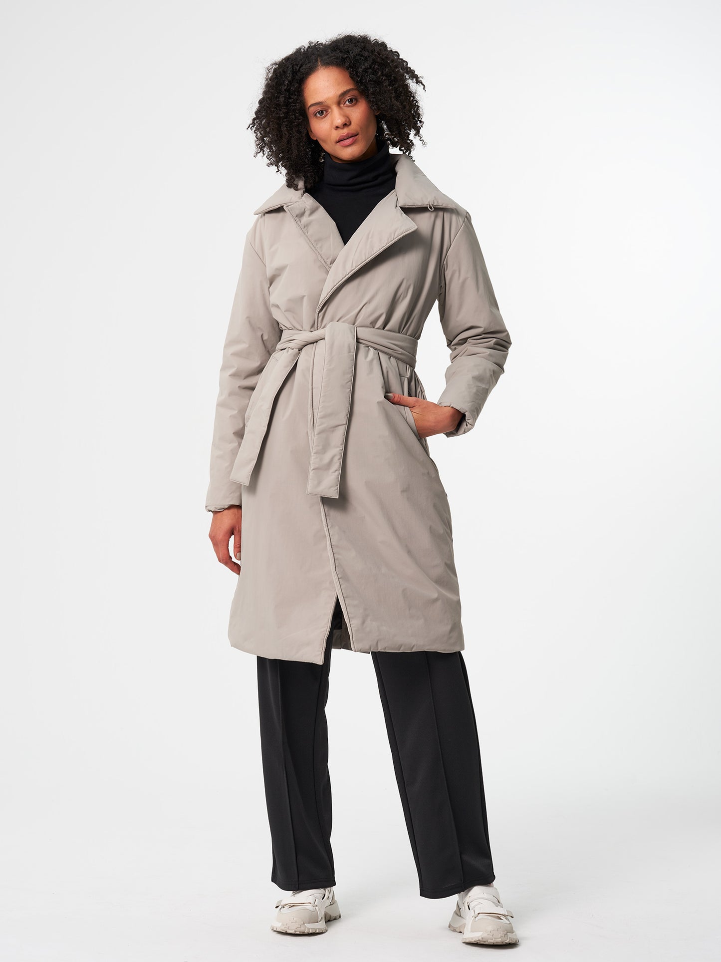 pinqponq-Padded-Trench-Coat-Cement-Taupe-model-front