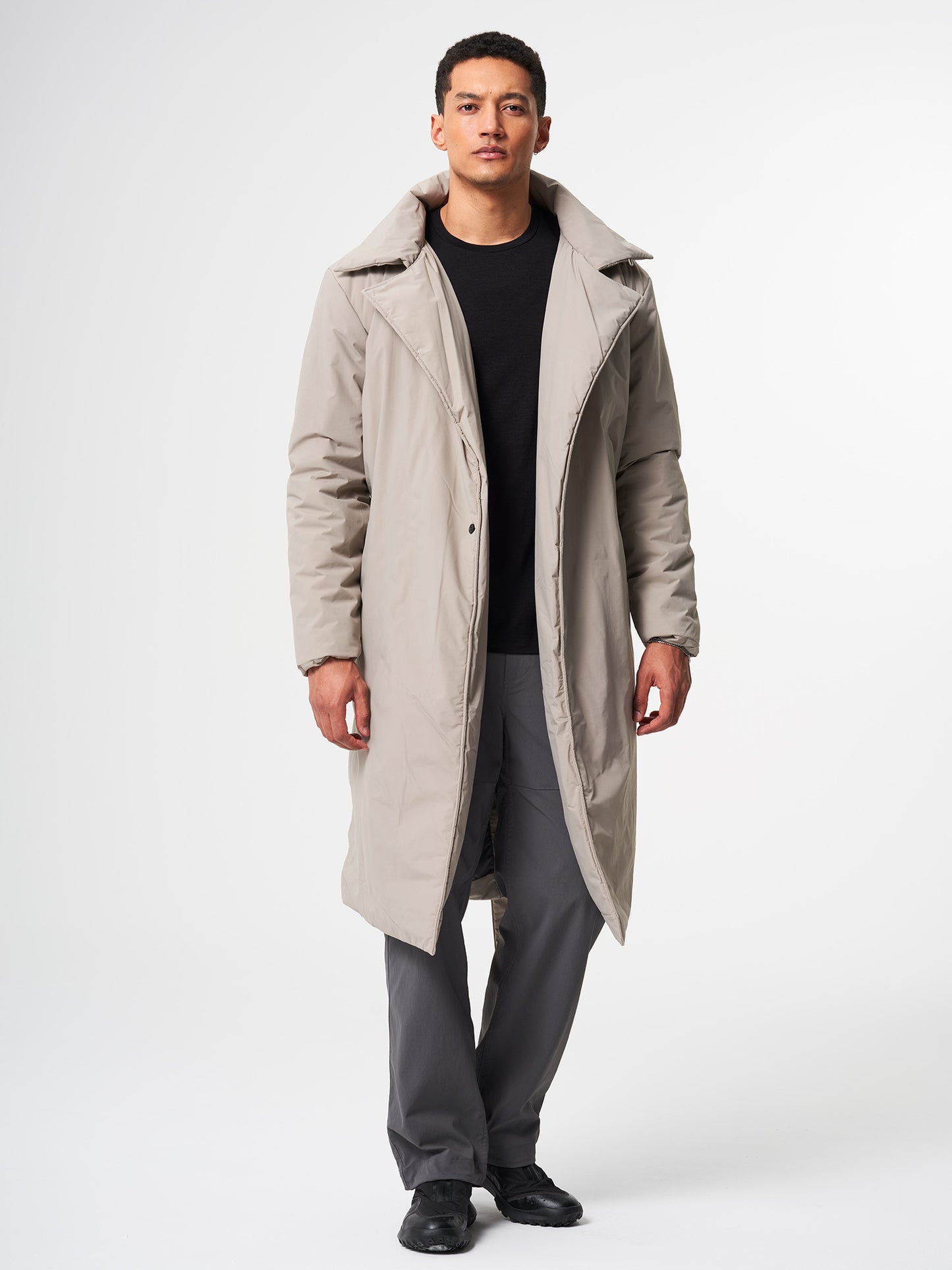 pinqponq-Padded-Trench-Coat-Cement-Taupe-model-front